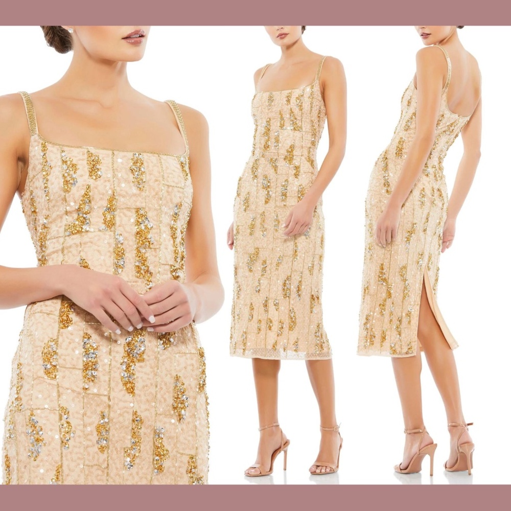 NEW $398 Mac Duggal [ 2 ] Beaded Spaghetti Strap Midi Slip Dress‎ Nude Gold